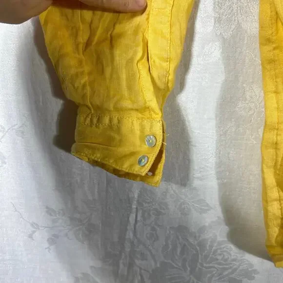 Sigrid Olsen Medium Button Up Shirt Yellow Linen Long Sleeve Roll Tab Boho - Picture 3 of 13